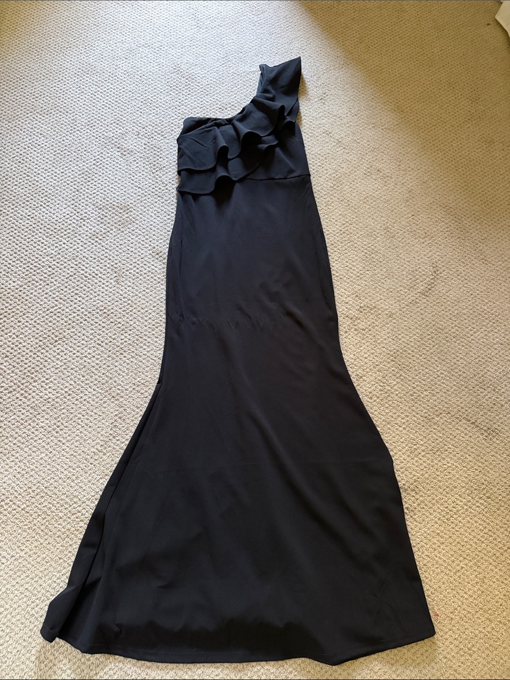 Lulus Elegant One-Shoulder Black Ruffle Evening Dress